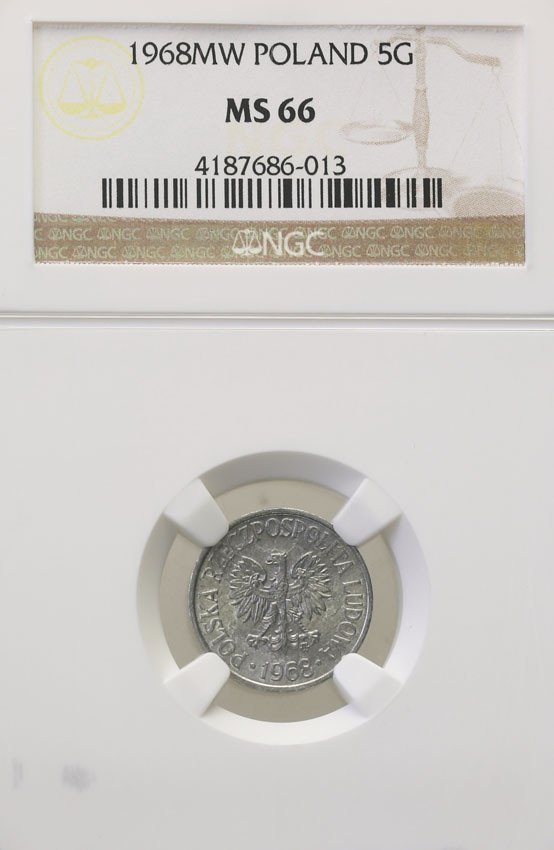 PRL. 5 groszy 1968 aluminium NGC MS66